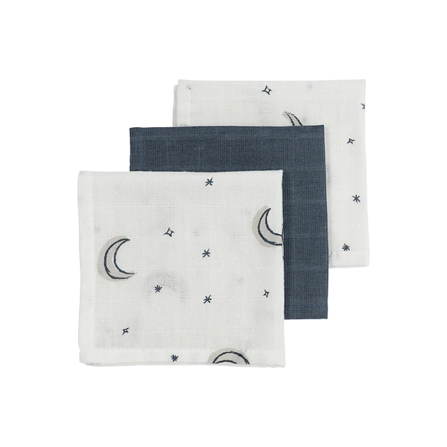 Meyco Baby muslino šluostės-merliukai Moon Indigo, 30×30 cm, 3 vnt.
