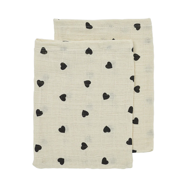 Meyco Baby muslino šluostės 30 × 30 cm (2 vnt.), Sweet Heart Soft Sand/Black