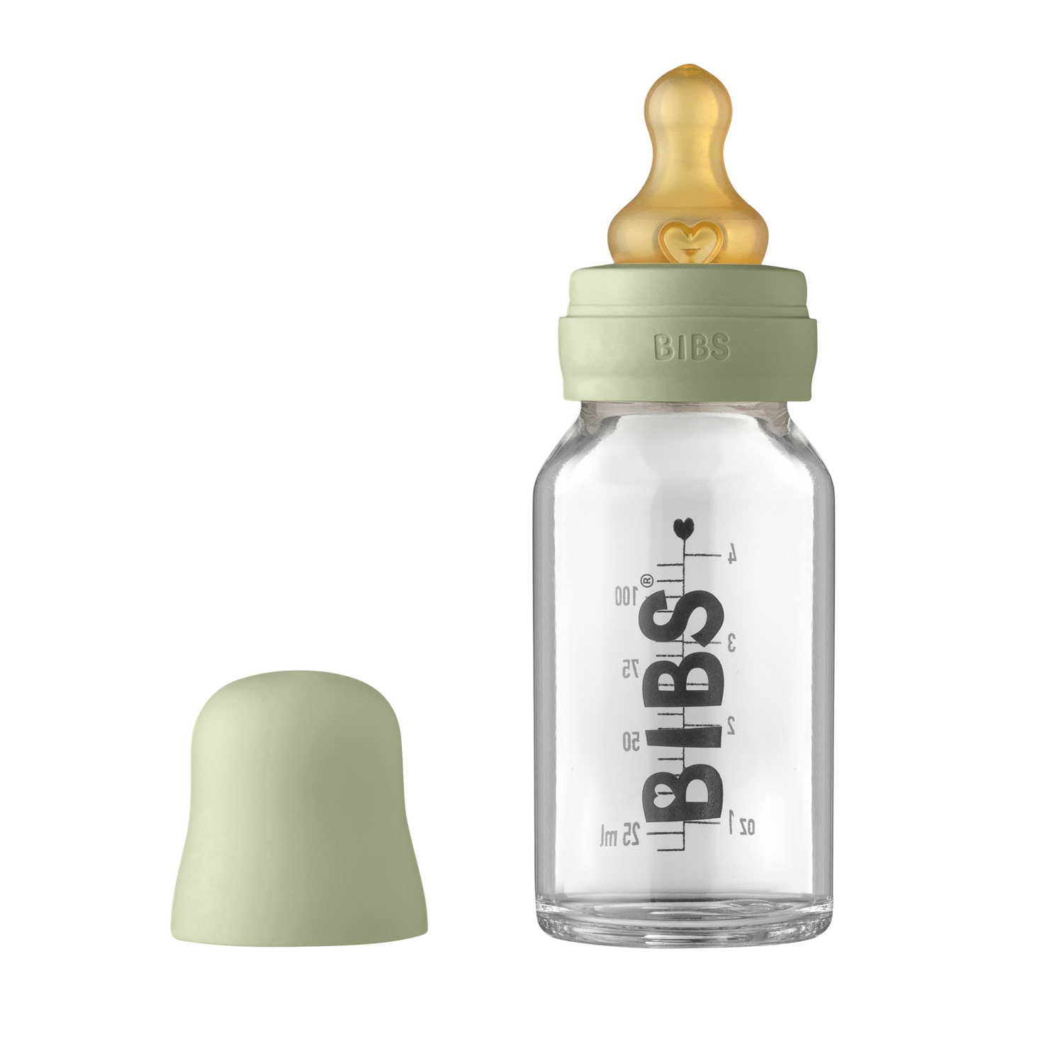 BIBS stiklinis buteliukas nuo dieglių 110 ml (Sage) pilnas komplektas