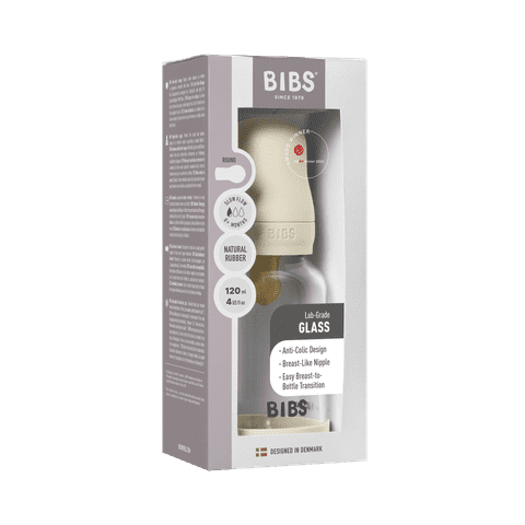 BIBS stiklinis buteliukas nuo dieglių 120 ml (Baby Blue) pilnas komplektas