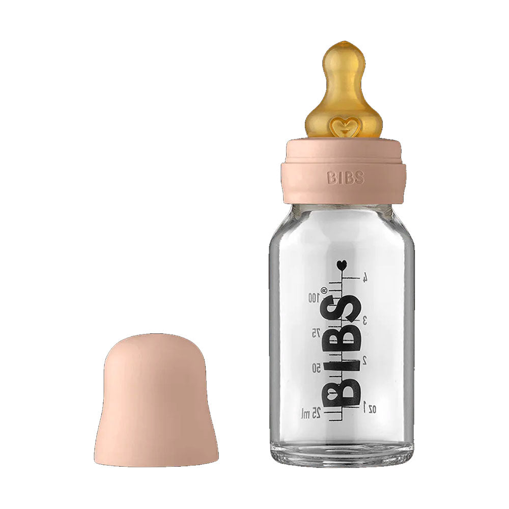BIBS stiklinis buteliukas nuo dieglių 110 ml (Blush) pilnas komplektas