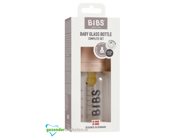 BIBS stiklinis buteliukas nuo dieglių 110 ml (Blush) pilnas komplektas