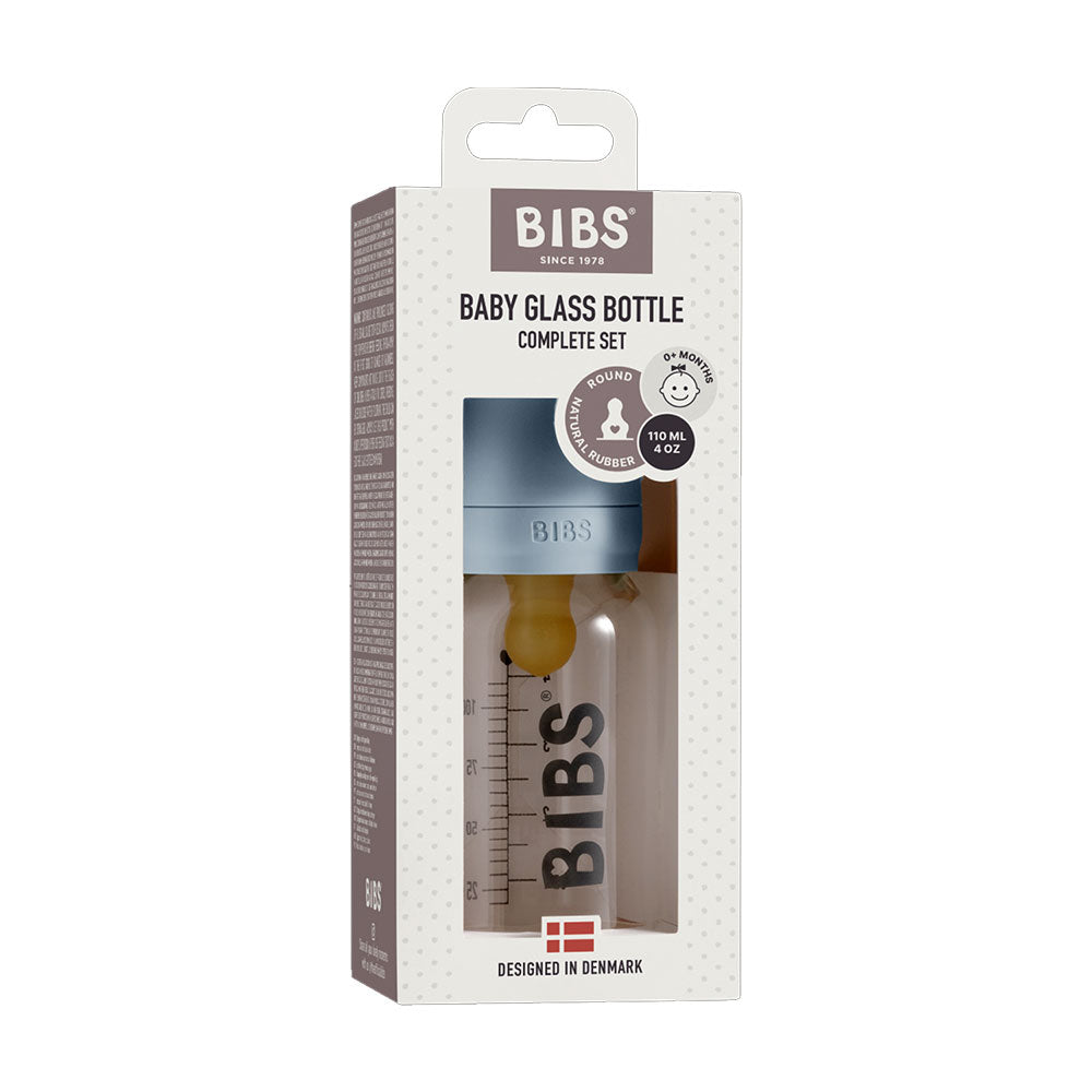 BIBS stiklinis buteliukas nuo dieglių 110 ml (Baby Blue) pilnas komplektas
