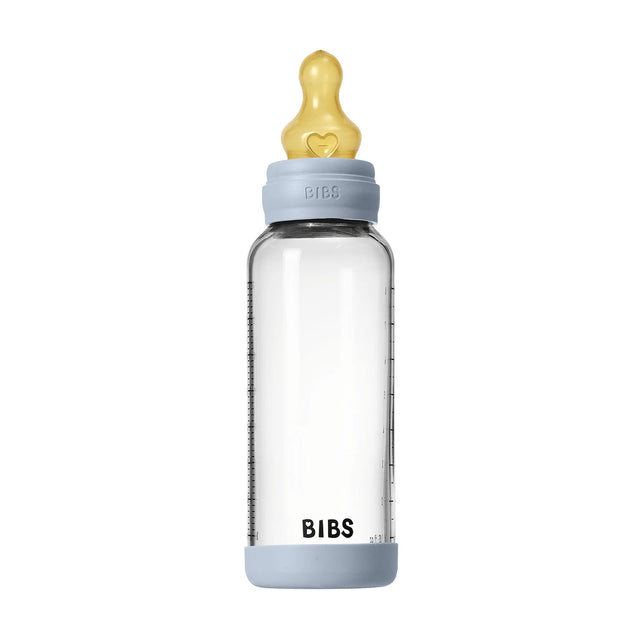 BIBS naujasis stiklinis buteliukas nuo dieglių 240 ml medium flow pilnas komplektas Baby blue