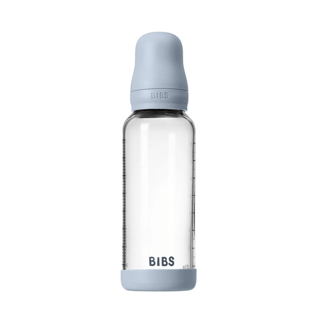 BIBS naujasis stiklinis buteliukas nuo dieglių 240 ml medium flow pilnas komplektas Baby blue
