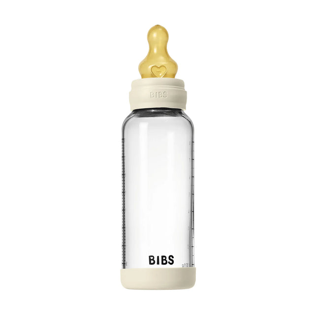 BIBS naujasis stiklinis buteliukas nuo dieglių 240 ml medium flow pilnas komplektas Ivory