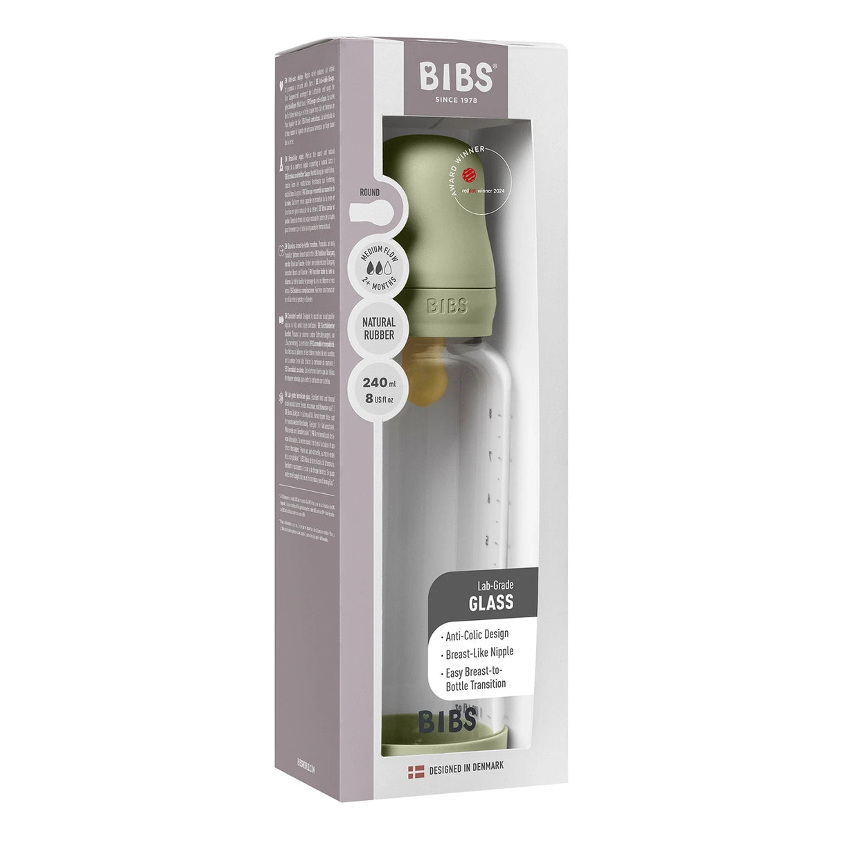 BIBS naujasis stiklinis buteliukas nuo dieglių 240 ml medium flow pilnas komplektas Sage