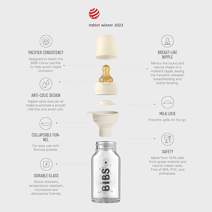 BIBS stiklinis buteliukas nuo dieglių 110 ml (Sage) pilnas komplektas