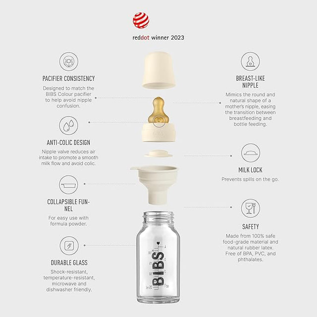 BIBS stiklinis buteliukas nuo dieglių 120 ml (Baby Blue) pilnas komplektas