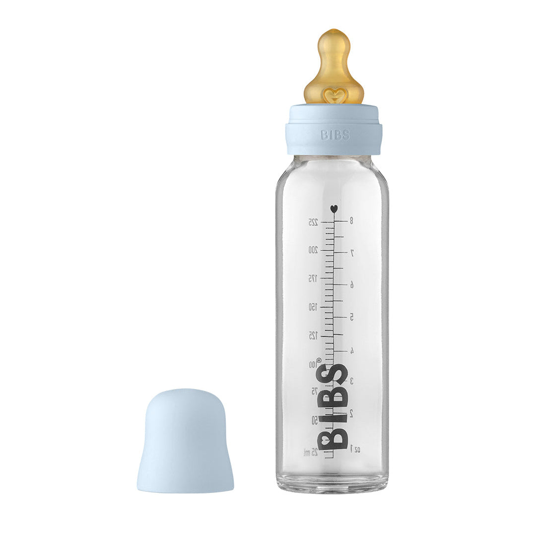 BIBS stiklinis buteliukas nuo dieglių 225 ml (Baby Blue) pilnas komplektas