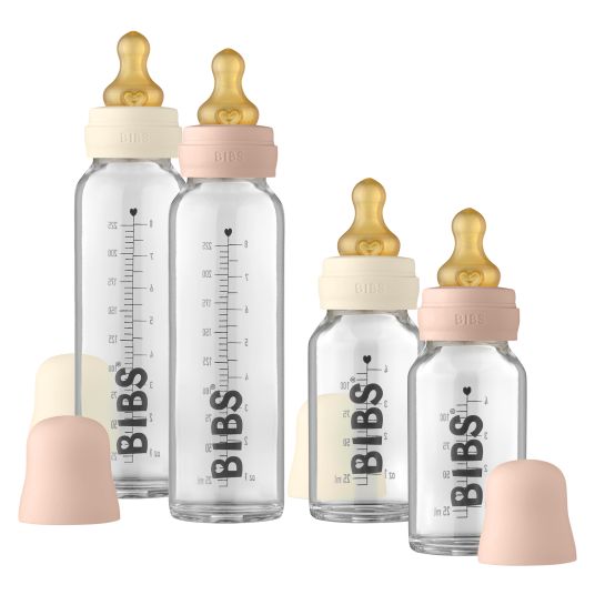 BIBS stiklinis buteliukas nuo dieglių 225 ml (Blush) pilnas komplektas
