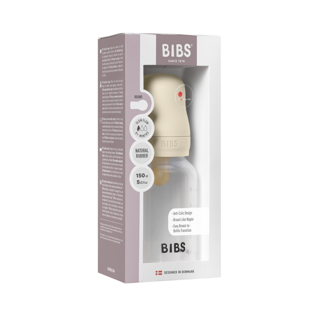 BIBS plastikinis buteliukas nuo dieglių 150 ml (Ivory) pilnas komplektas