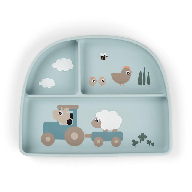 Done by Deer silikoninė prilimpanti lėkštė su siurbtuku ir skyreliais Tiny Farm Blue