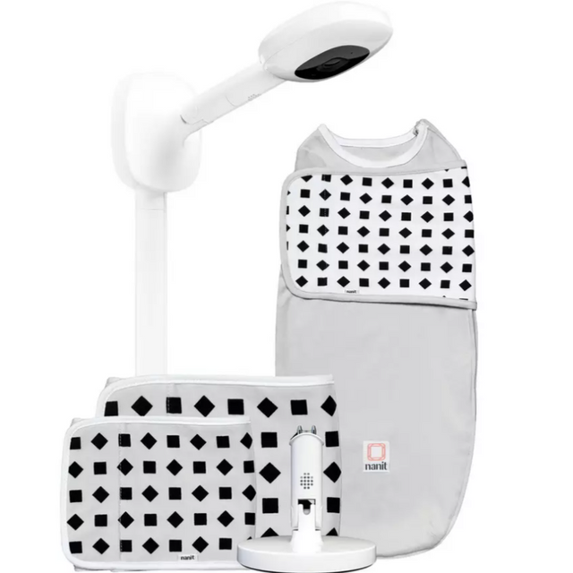 Nanit Pro pilnīga monitoru sistēma ar elpošanas kustību mobilo auklīti, universālu statīvu un sienas stiprinājumu, kā arī pilnīgu elpošanas monitoru