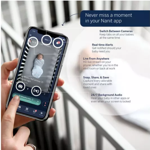 Nanit Pro pilnīga monitoru sistēma ar elpošanas kustību mobilo auklīti, universālu statīvu un sienas stiprinājumu, kā arī pilnīgu elpošanas monitoru