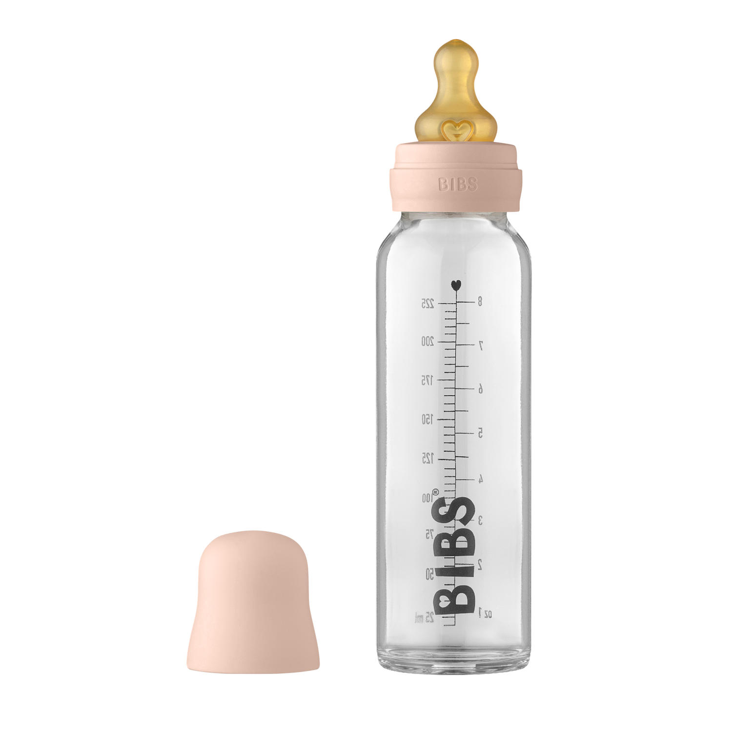 BIBS stiklinis buteliukas nuo dieglių 225 ml (Blush) pilnas komplektas
