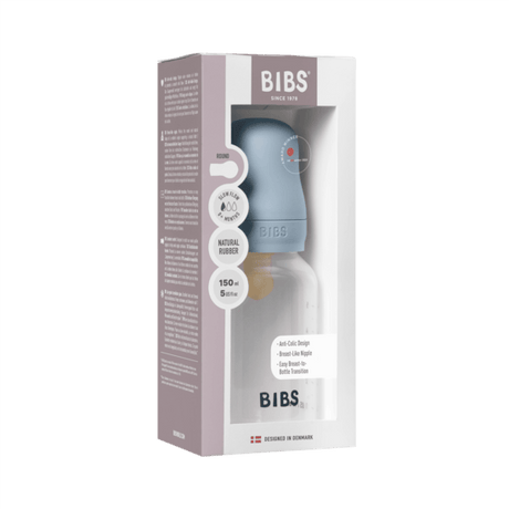 BIBS plastikinis buteliukas nuo dieglių 150 ml (Baby Blue) pilnas komplektas