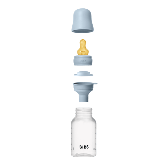 BIBS plastikinis buteliukas nuo dieglių 150 ml (Baby Blue) pilnas komplektas