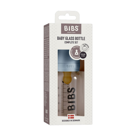 BIBS stiklinis buteliukas nuo dieglių 110 ml (Baby Blue) pilnas komplektas