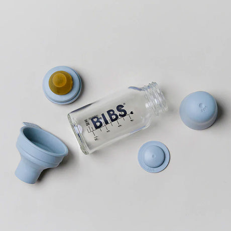 BIBS stiklinis buteliukas nuo dieglių 110 ml (Baby Blue) pilnas komplektas
