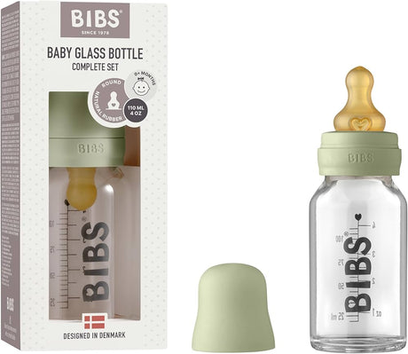 BIBS stiklinis buteliukas nuo dieglių 110 ml (Sage) pilnas komplektas