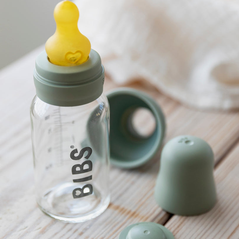 BIBS stiklinis buteliukas nuo dieglių 110 ml (Sage) pilnas komplektas