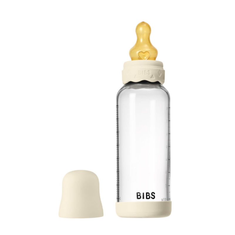 BIBS naujasis stiklinis buteliukas nuo dieglių 240 ml medium flow pilnas komplektas Ivory
