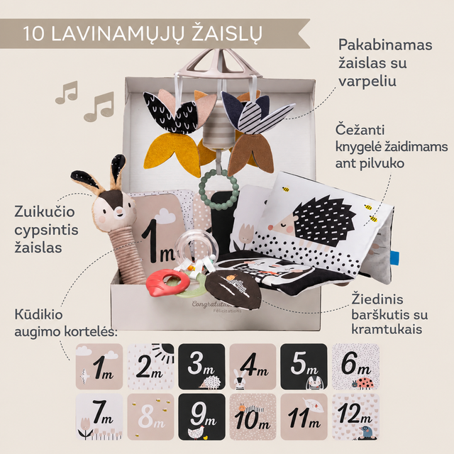 Taf Toys Black & White Newborn Kit sensorinis rinkinys naujagimiui, 10 dalių