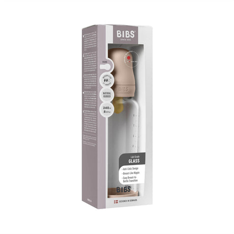 BIBS naujasis stiklinis buteliukas nuo dieglių 240 ml medium flow pilnas komplektas Blush