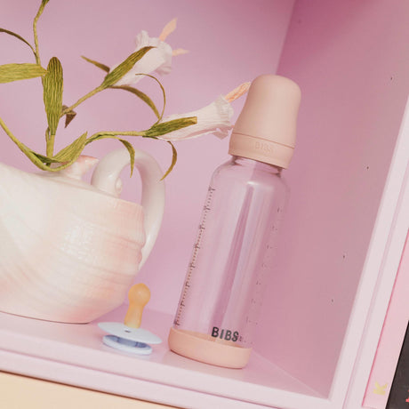 BIBS naujasis stiklinis buteliukas nuo dieglių 240 ml medium flow pilnas komplektas Blush