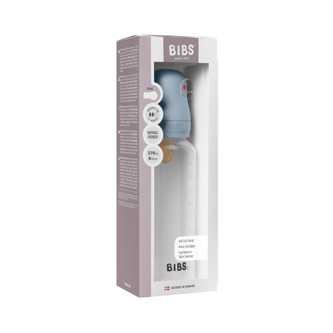 BIBS plastikinis buteliukas nuo dieglių 270 ml (Baby Blue) pilnas komplektas