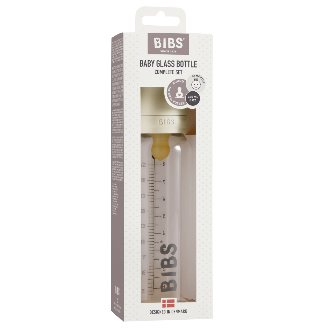 BIBS stiklinis buteliukas nuo dieglių 225 ml (Ivory) pilnas komplektas
