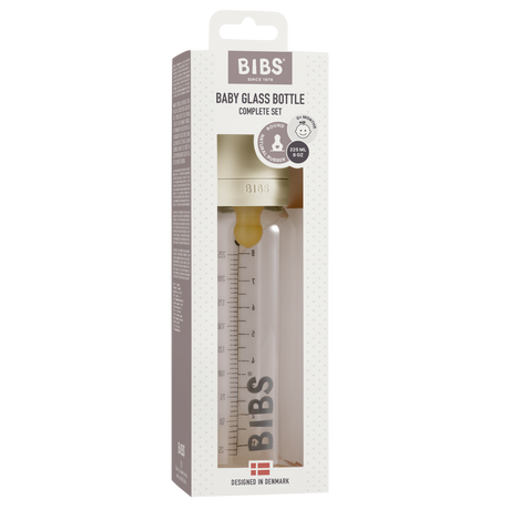 BIBS stiklinis buteliukas nuo dieglių 225 ml (Ivory) pilnas komplektas