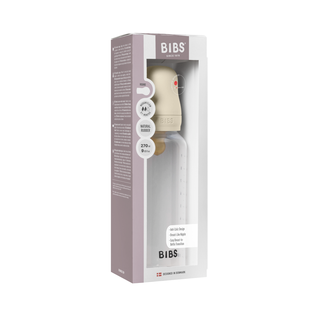 BIBS plastikinis buteliukas nuo dieglių 270 ml (Ivory) pilnas komplektas