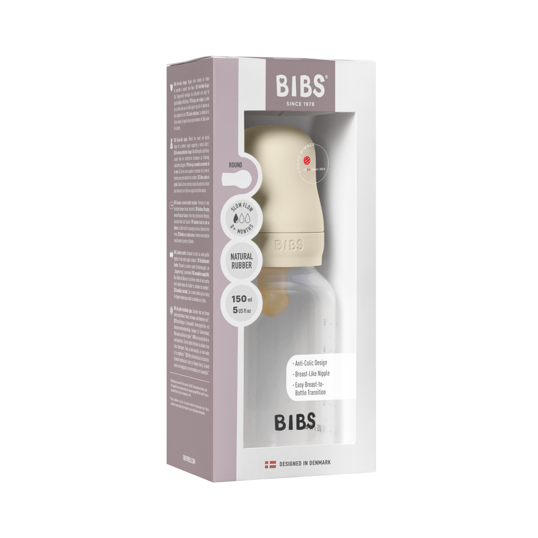 BIBS plastikinis buteliukas nuo dieglių 150 ml (Ivory) pilnas komplektas