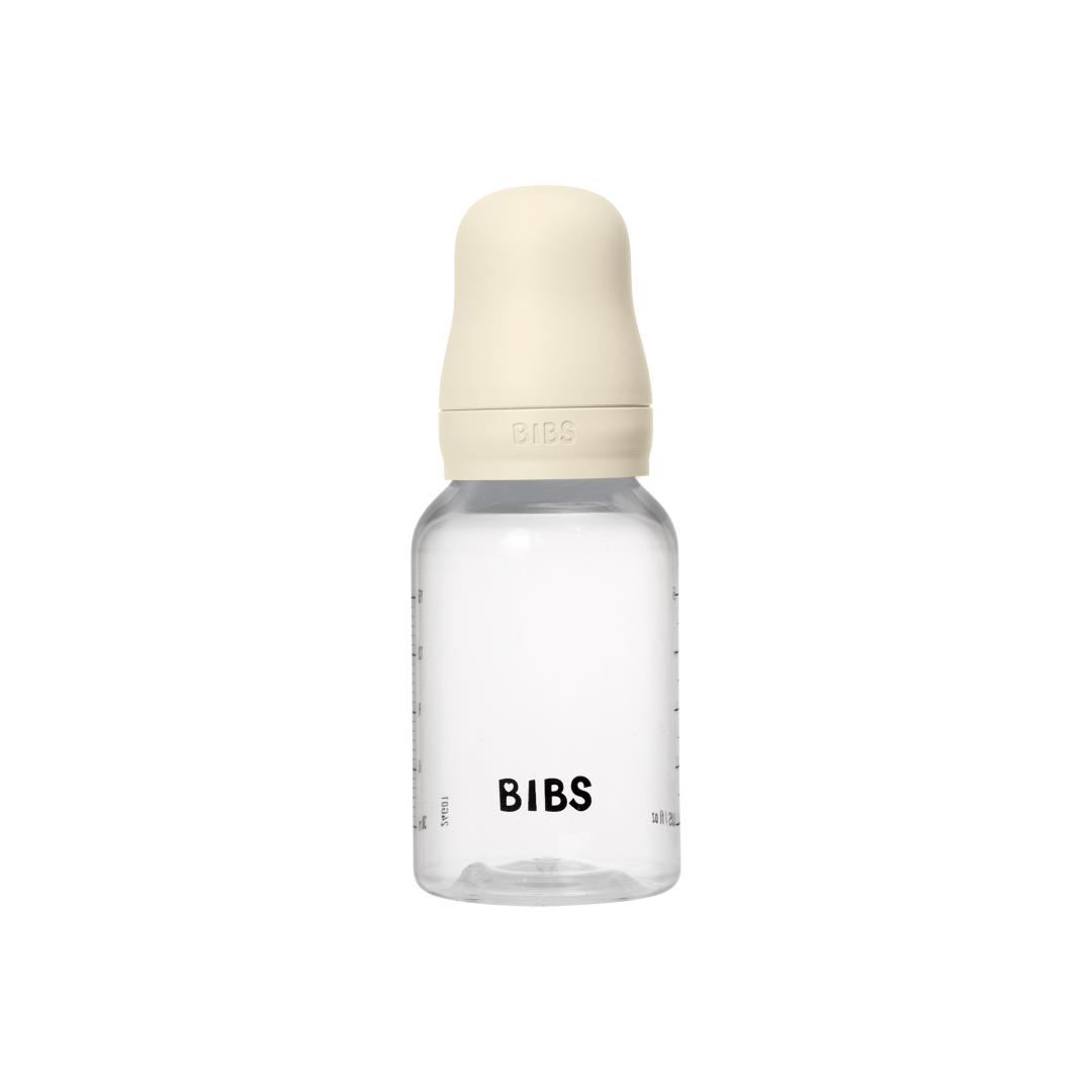 BIBS plastikinis buteliukas nuo dieglių 150 ml (Ivory) pilnas komplektas