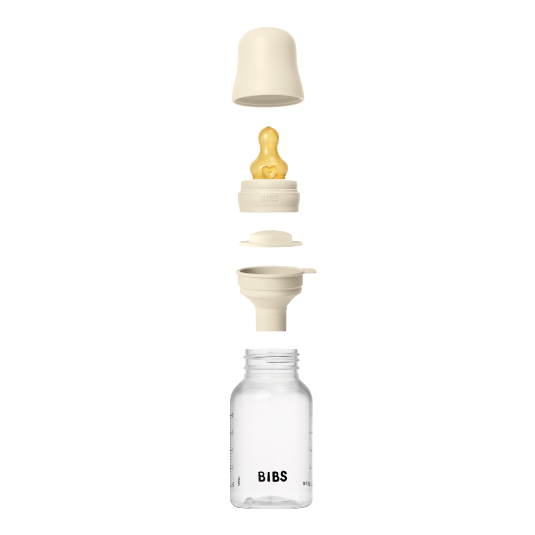 BIBS plastikinis buteliukas nuo dieglių 150 ml (Ivory) pilnas komplektas