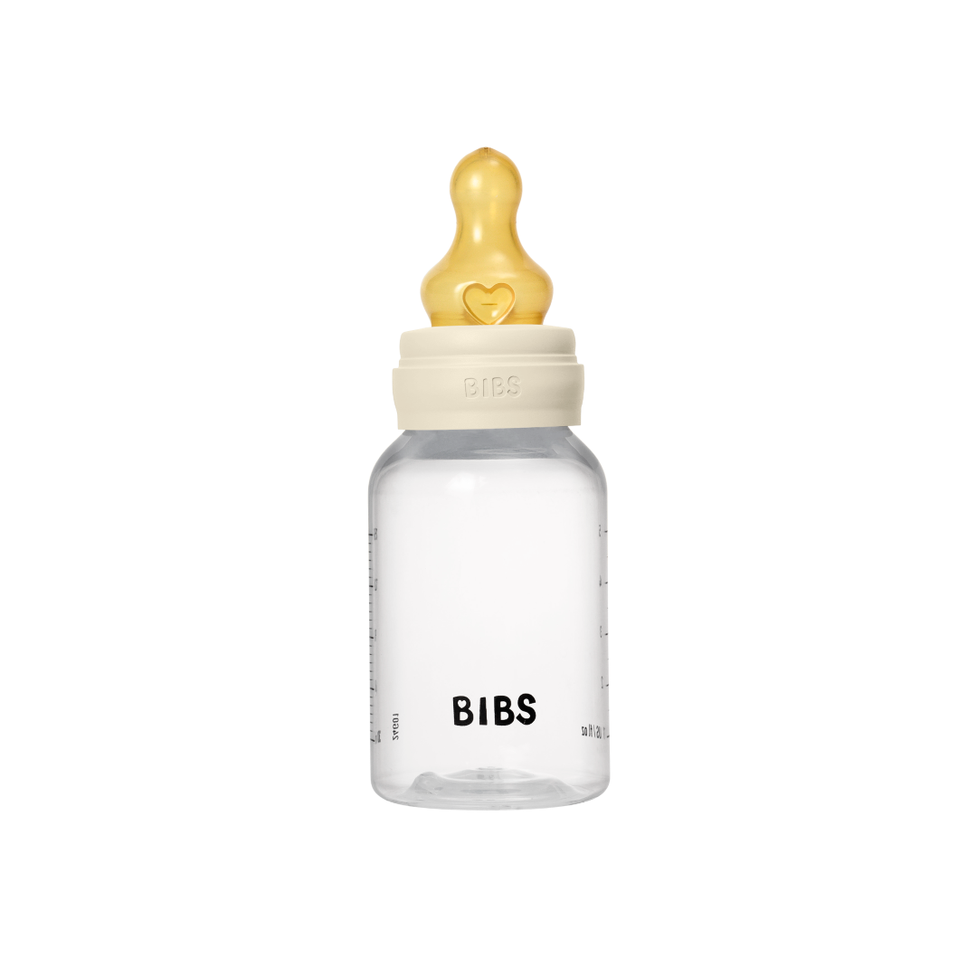 BIBS plastikinis buteliukas nuo dieglių 150 ml (Ivory) pilnas komplektas