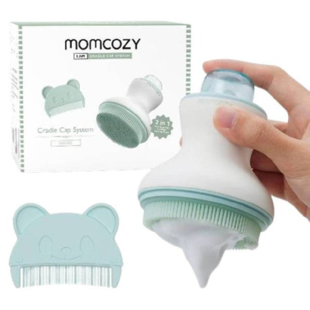 Momcozy kūdikio galvos plovimo rinkinys su talpa šampūnui ir putų pompa, žalias