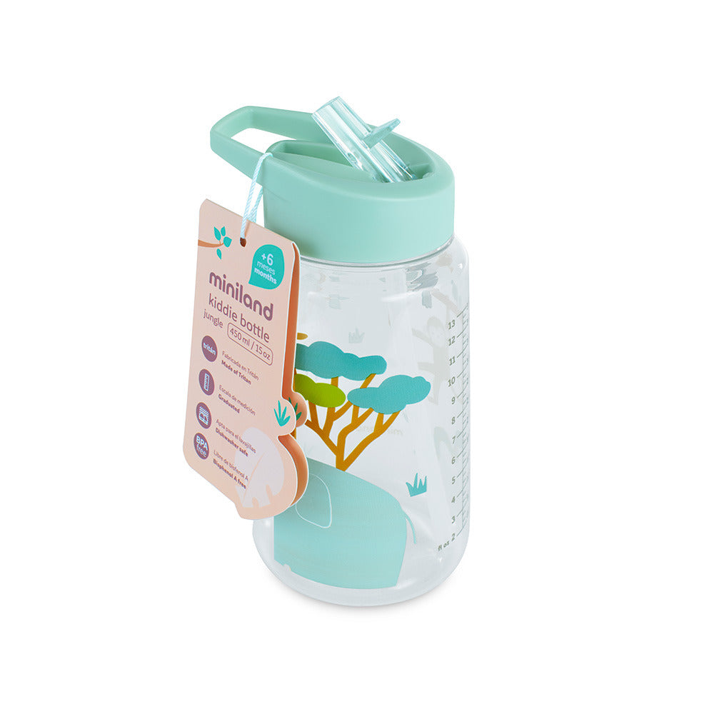 Miniland vaikiška gertuvė su šiaudeliu Kiddie Bottle Jungle, 450 ml