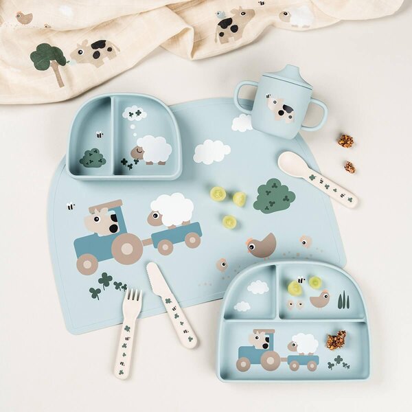 Done by Deer silikoninė prilimpanti lėkštė su siurbtuku ir skyreliais Tiny Farm Blue