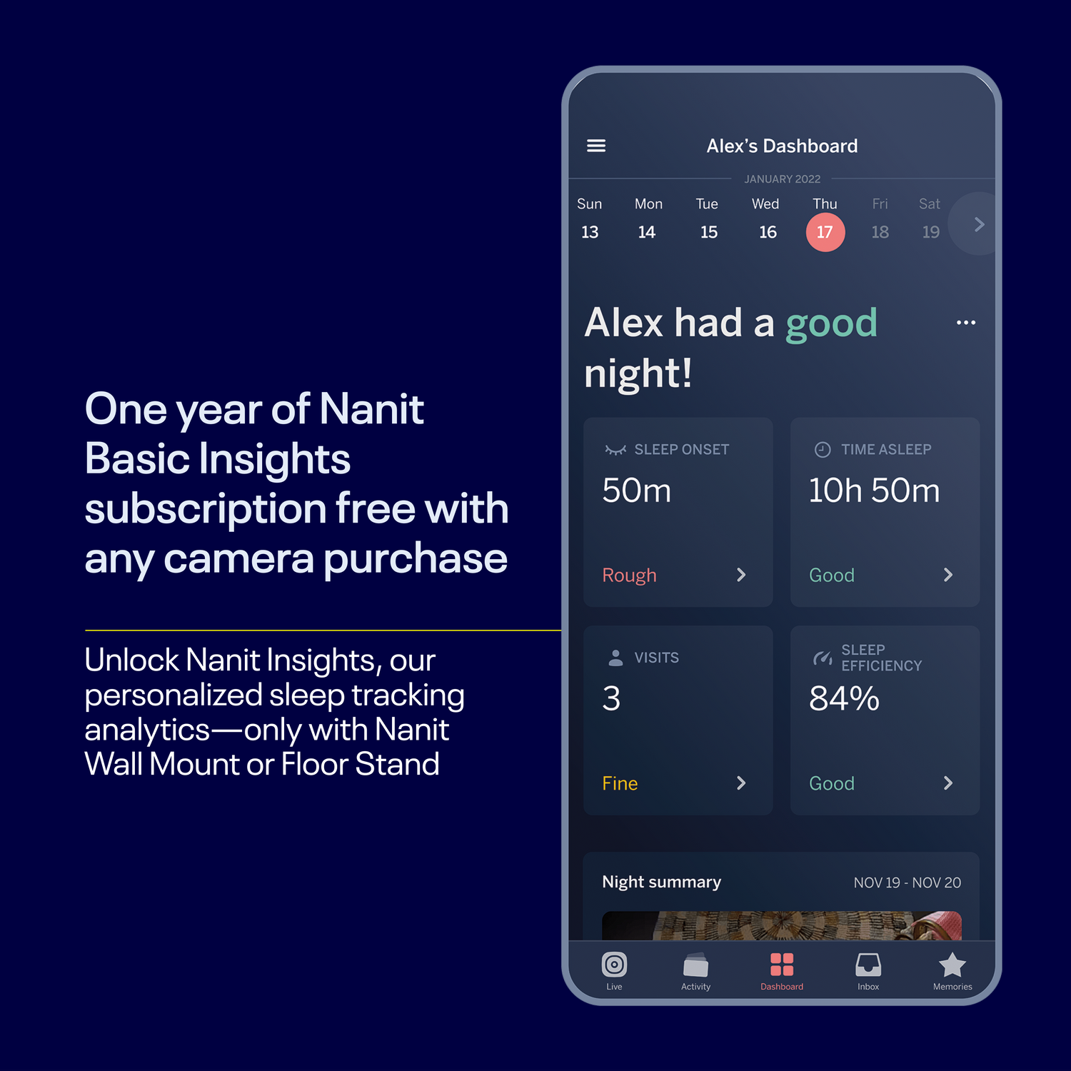 Nanit Pro pilnīga monitoru sistēma ar elpošanas kustību mobilo auklīti, universālu statīvu un sienas stiprinājumu, kā arī pilnīgu elpošanas monitoru
