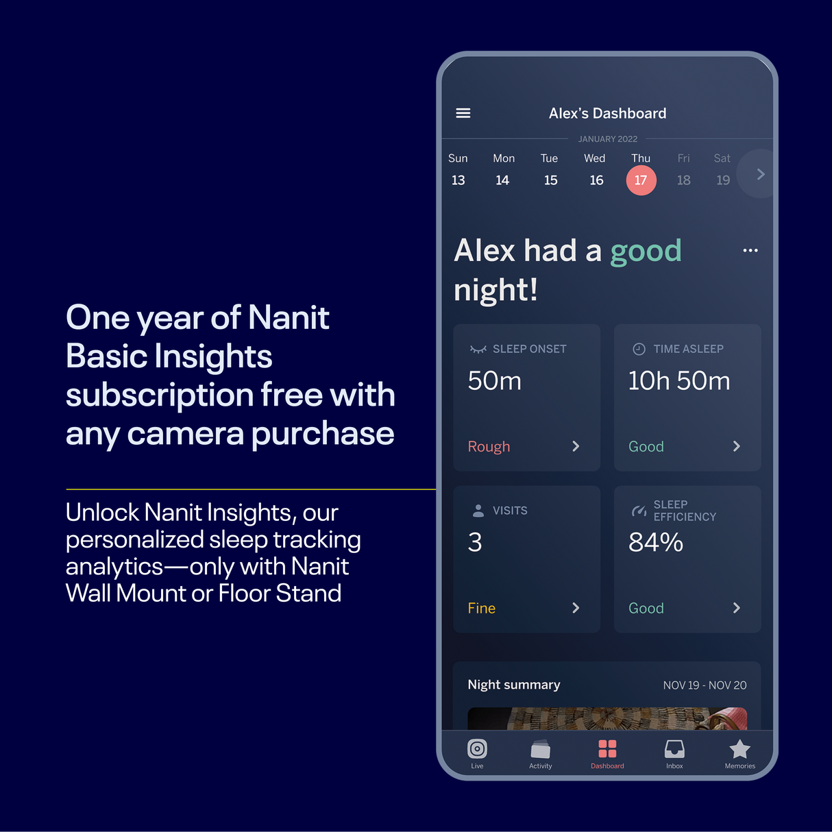 Nanit Pro Complete Monitor System with Breathing Motion mobilioji auklė su universaliu stovu ir sienos laikikliu bei pilnas kvėpavimo monitorius
