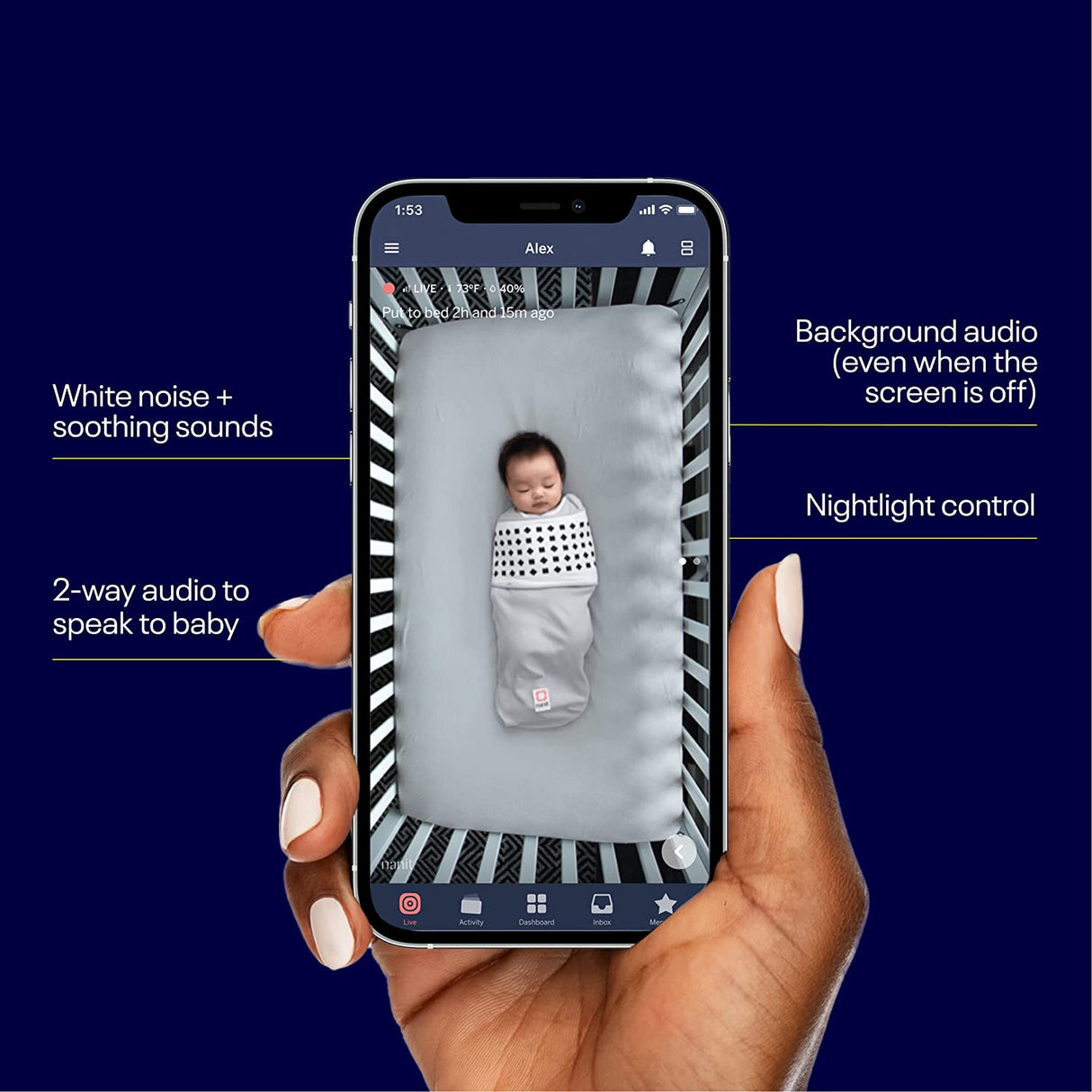 Nanit Pro Baby Monitor + Floor Stand mobilioji auklė su stovu, naktine šviesa ir kvėpavimo monitorius