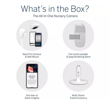 Nanit Pro täielik jälgimissüsteem hingamisliikumise mobiilse lapsehoidjaga, universaalse aluse ja seinakinnitusega ning täielik hingamismonitor
